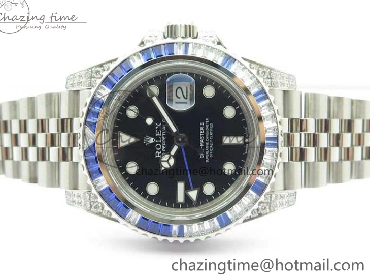 MiroTime 0401 GMT-Master II White Blue Diamonds Bezel 904L Steel GMF Best Edition Black Dial On Jubilee Bracelet SA3285 CHS V Original 2579